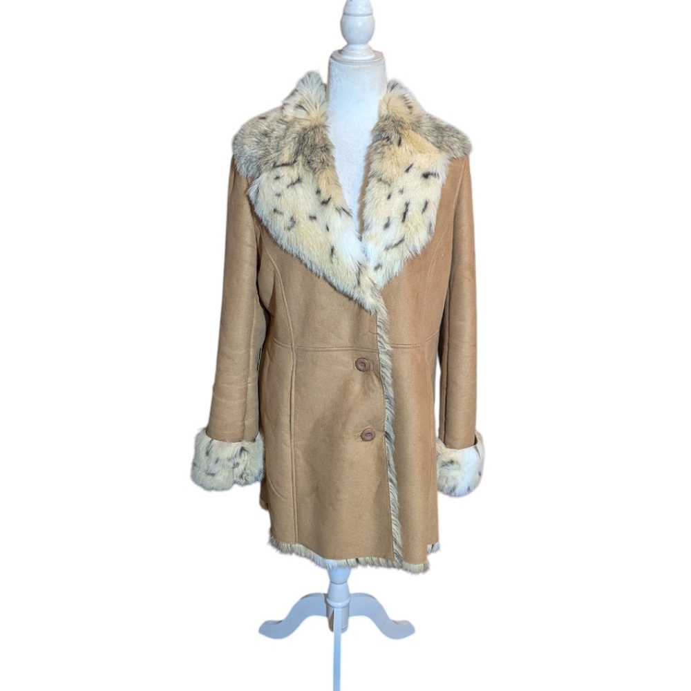 Vtg Y2K Talbots Penny Lane Tan Faux Sherpa Suede/Snow Leopard Fur Lined Coat - Picture 10 of 11